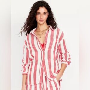 Old Navy Women’s Red Striped Crinkle Gauze Button-Down Shirt | XL | EUC